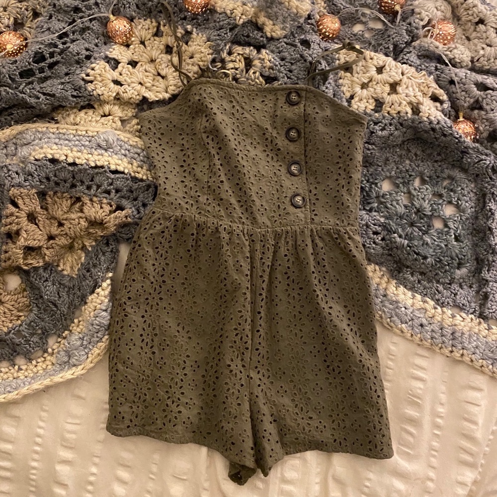 Olive Green Eyelet Detailed Romper NWT